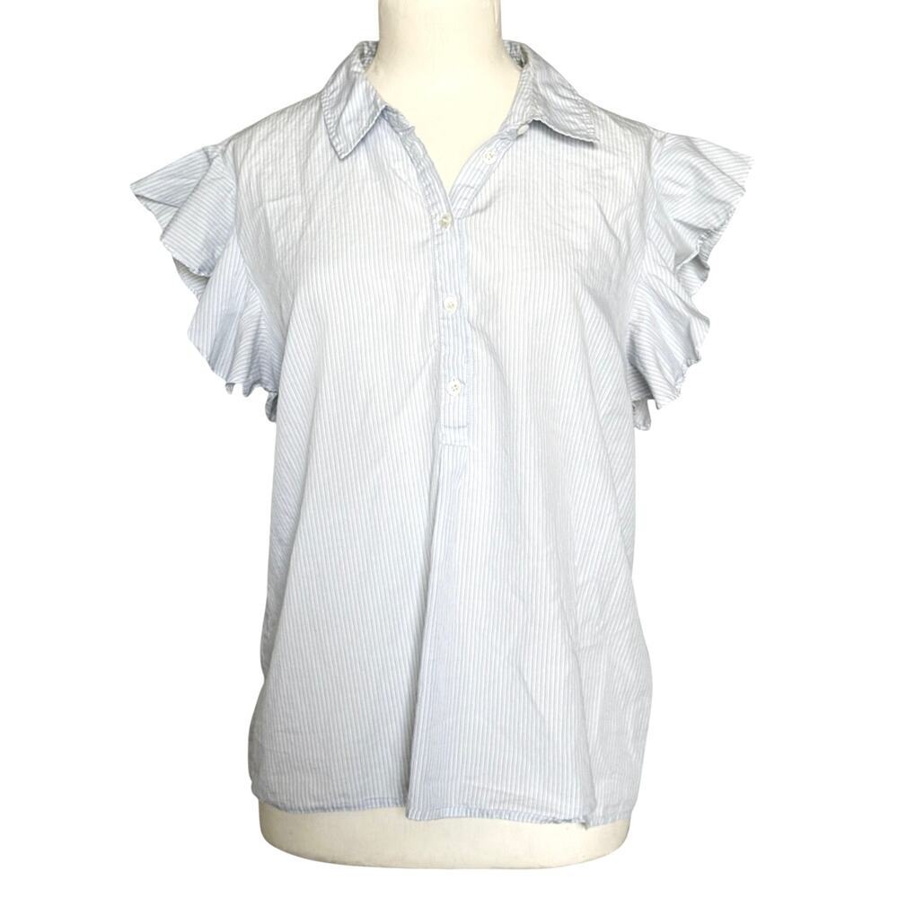 FRAME Stripe Ruffle Short Sleeve Button Down Shirt Women’s M Blue White